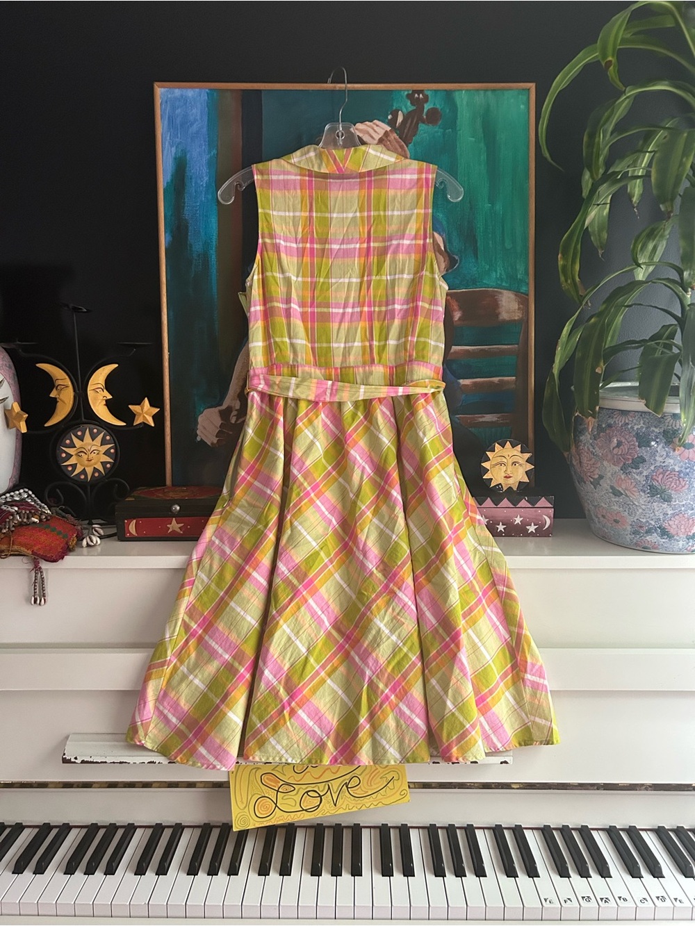 Pure Alfred Sung Plaid Wrap Midi Dress Belted Pink Green Sleeveless Women M - Picture 7 of 16